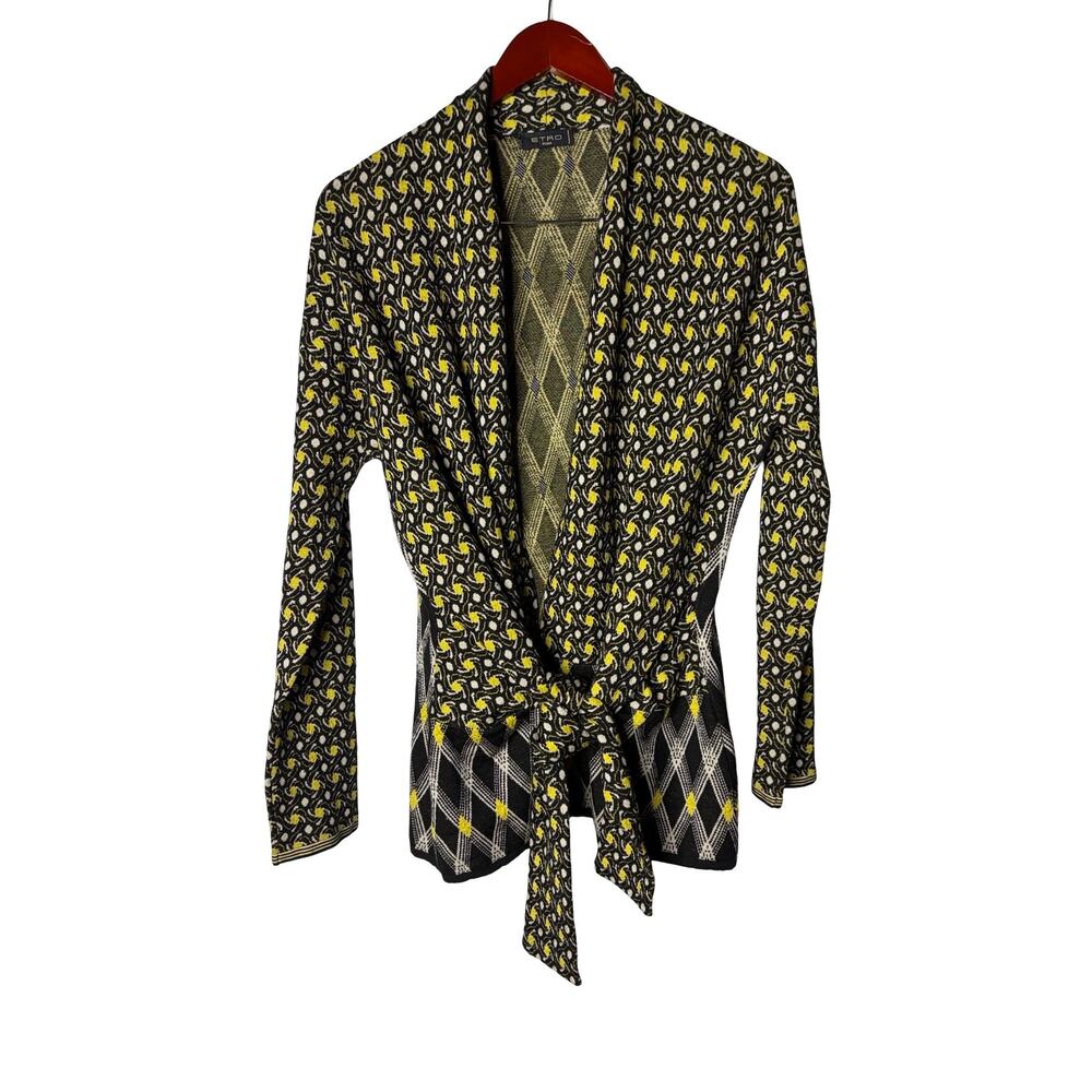 Etro black yellow wool blend open cardigan tie waist sz L